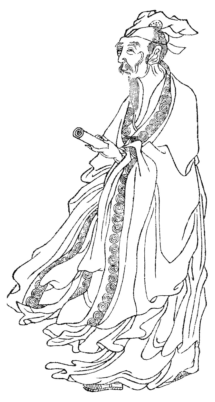 冠をかぶり巻物を手にして立つ白居易を描いた線描の肖像。