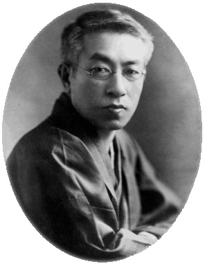 丸眼鏡をかけ、和服を着た島崎藤村を楕円の枠に収めた肖像写真。